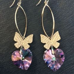 Lovely Sterling Silver Butterly & Amethyst gemstone heart earrings 🦋 Swarovski Crystal Hearts purple gemstone 💜 🦋 💜