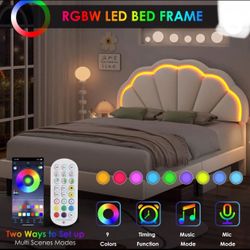 LED Bed Frame, Queen Size Bed, Velvet Upholstered Platform Bed, New in Box 