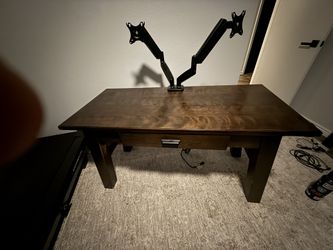 Wood Desk With Dual Monitor Stand And Power Strip
