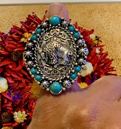 Southwestern Style Ring, And Earrings With Buffalo Design And Turquoise Accents