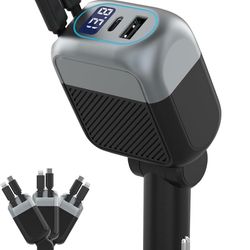 87W Retractable Car Charger, 4-in-1 Fast USB C Charging Car Adapter with 45W Type C Cable for iPhone 17/16 Pro Max & Samsung, 12W Lightning Cable for 