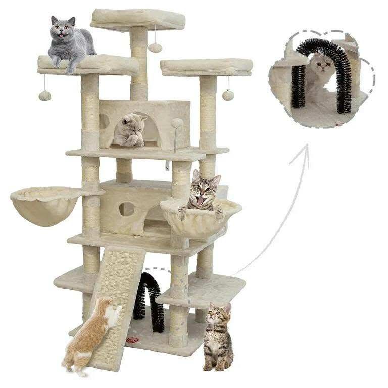 68" Large Cat Tree, Multi-Level Cat Tower with Sisal Scratching Posts, Cat Activity Center Cat Play House, Beige