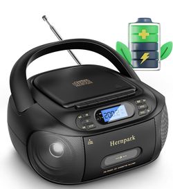 CD Cassette Player Combo, Hernpark Rechargeable Boombox with Bluetooth 5.1, Tape Recording, FM Radio, Super Bass, Stereo Sound, Aux/USB Drive