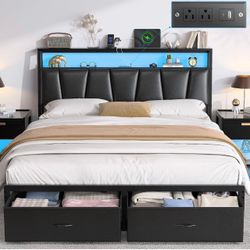 Queen King  Bed Frame with 2-Tier Storage Headboard and 2 Drawers,Black