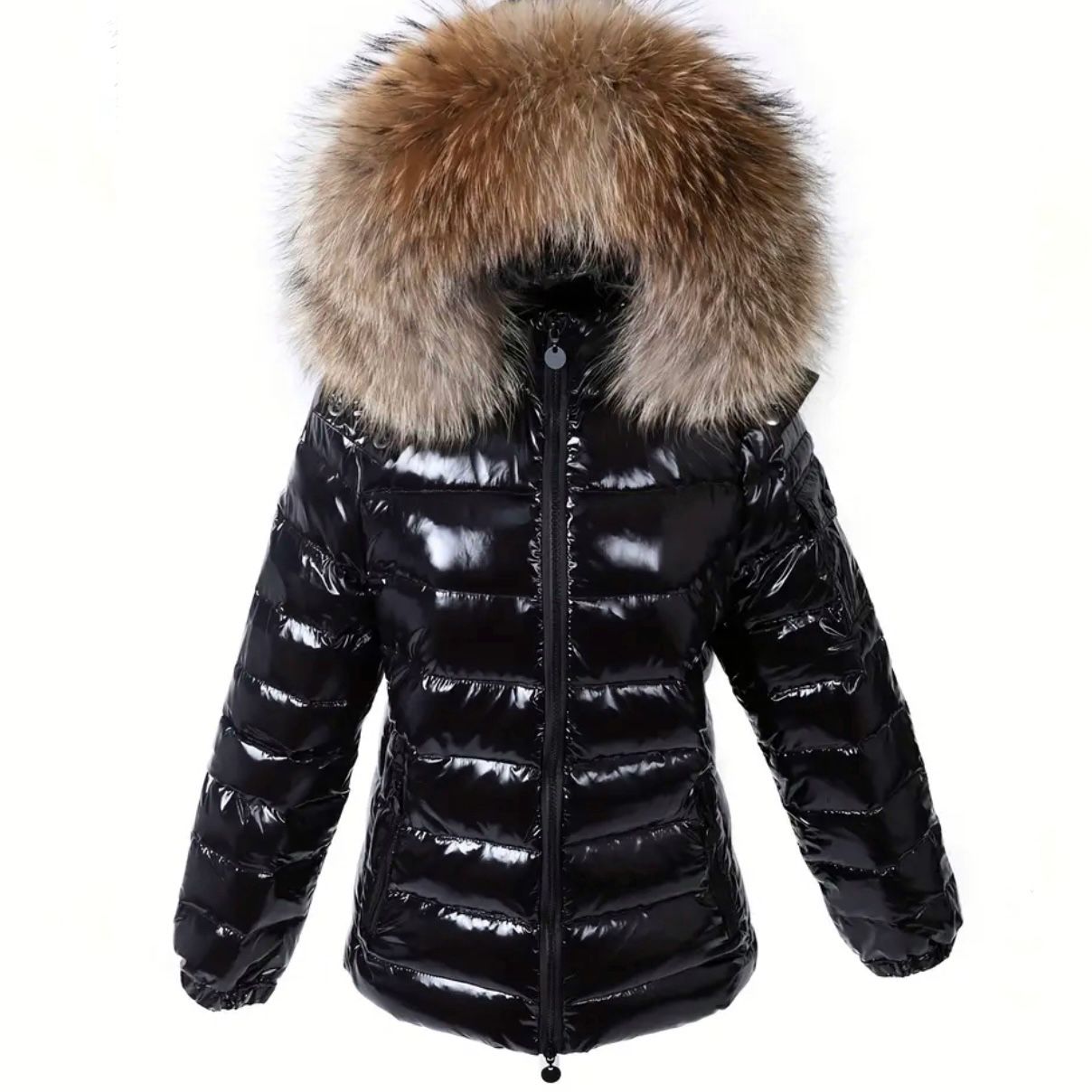 Down glossy puffer jacket Bomber jacket real raccoon fur coat trench hooded slim