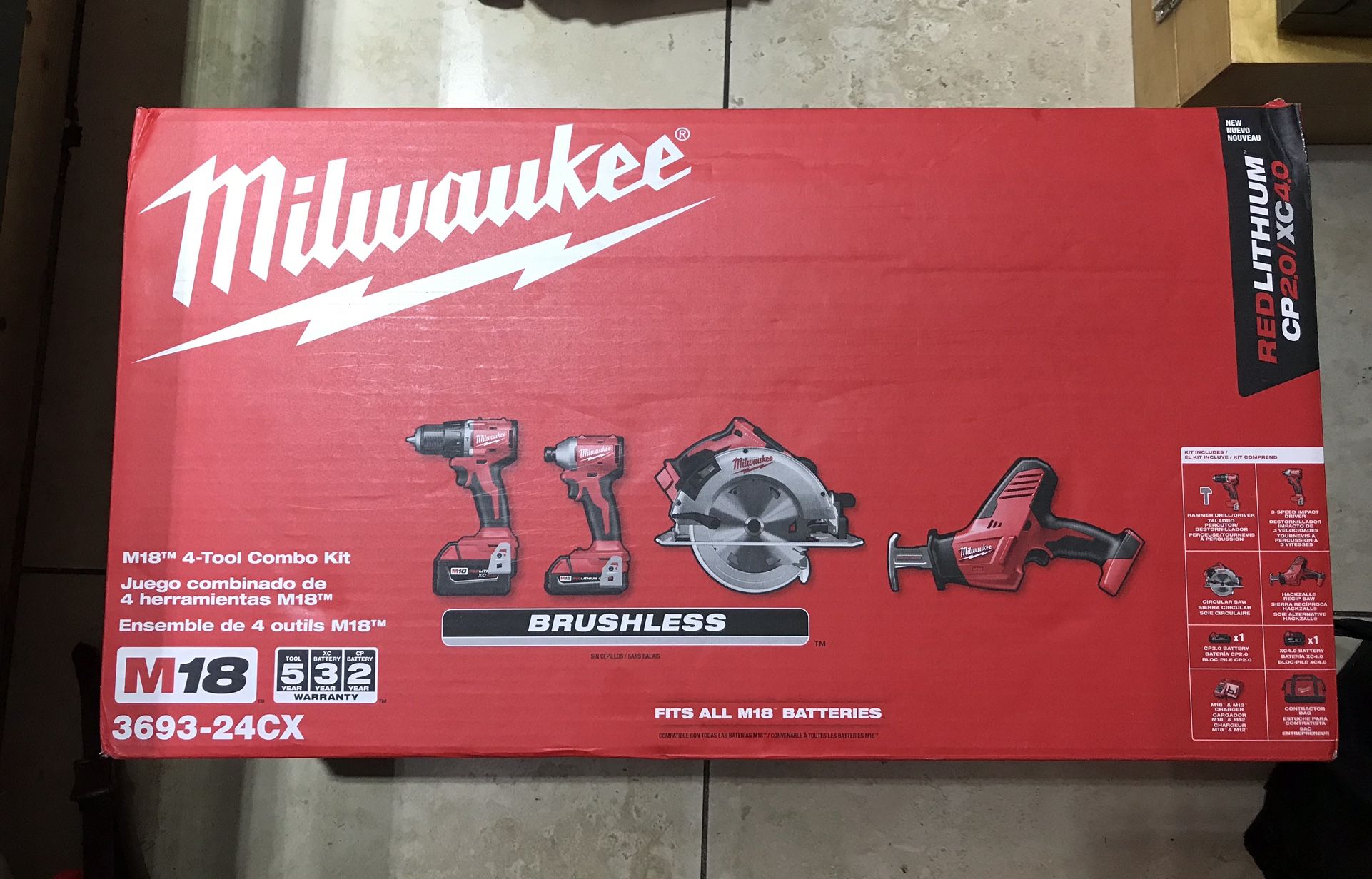 Milwaukee 3693-24CX M18 4-Tool Combo Kit With Batteries & Charger New In Box