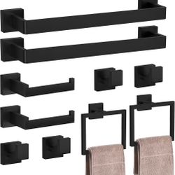 10-Pieces Matte Black Bathroom Accessories Set, 23.6 Inch Bath Towel Bar Set, SUS 304 Stainless Steel Bathroom Hardware Set, Towel Racks for Bathroom 