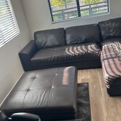 Leather Couch Brown / Ottoman Brown For Sale