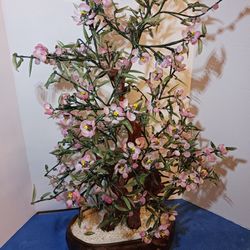 1960's Extra Large Chinese Jade Glass Bonsai Cherry Bloom Flower Tree 26" Tall