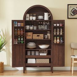 71 Inch Tall Arched Cabinet, Kitchen Pantry Cabinet With Doors & Shelves