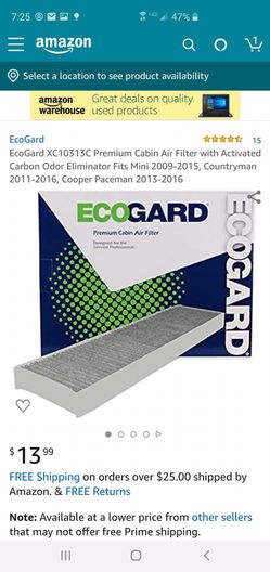 ECOGARD XC10313C Premium Cabin Air Filter with Activated Carbon Odor Eliminator Fits Mini 2009-2015, Countryman 2011-2016, Cooper Paceman 2013-2016