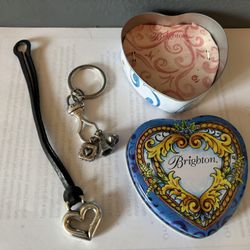 Brighton Vintage silver Plated Key Ring  And Black Leather Strap Loop With Silver Heart 