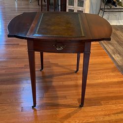 Antique Vintage End Table, Leather Inlay, Top, Cherry Drop Leaf Single Drawer On Wheels