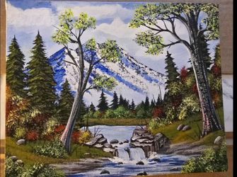 River and mountains painting