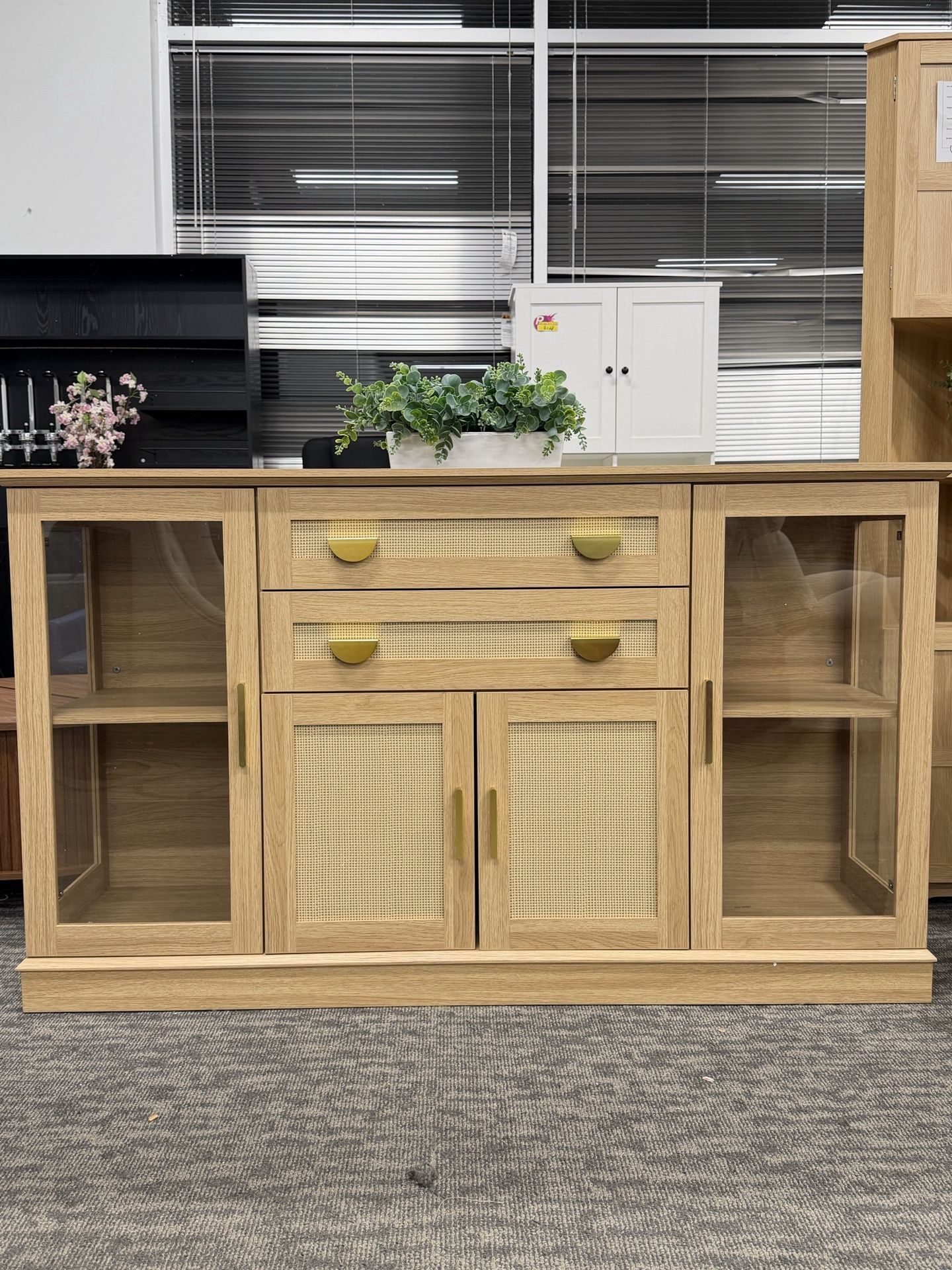 Fully Assembled✨ 58.27’’ Buffet Cabinet with 2 Drawers and Adjustable Shelves — Large Glass-Door Coffee Bar Cabinet, Modern Farmhouse Sideboard/Crede