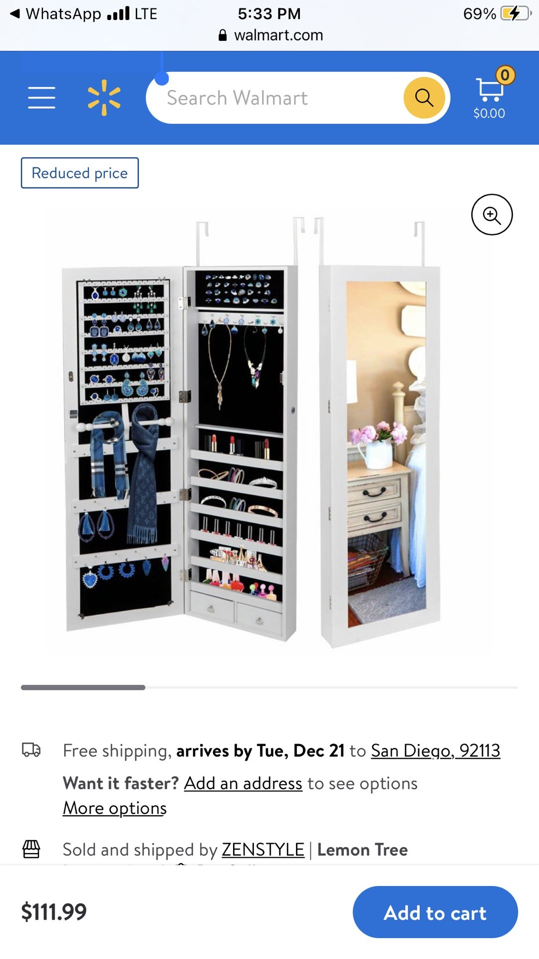 ZenStyle ZENSTYLE Jewelry Armoire Lockable Jewelry Cabinet Wall/Door Mounted Jewelry Organizer with Full Length Mirror and Drawers