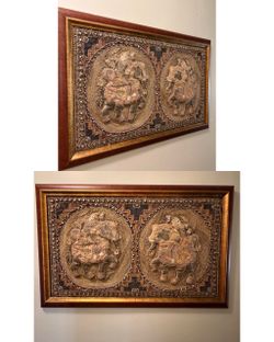 Large Framed Indian Textile Art – Elephants & Riders