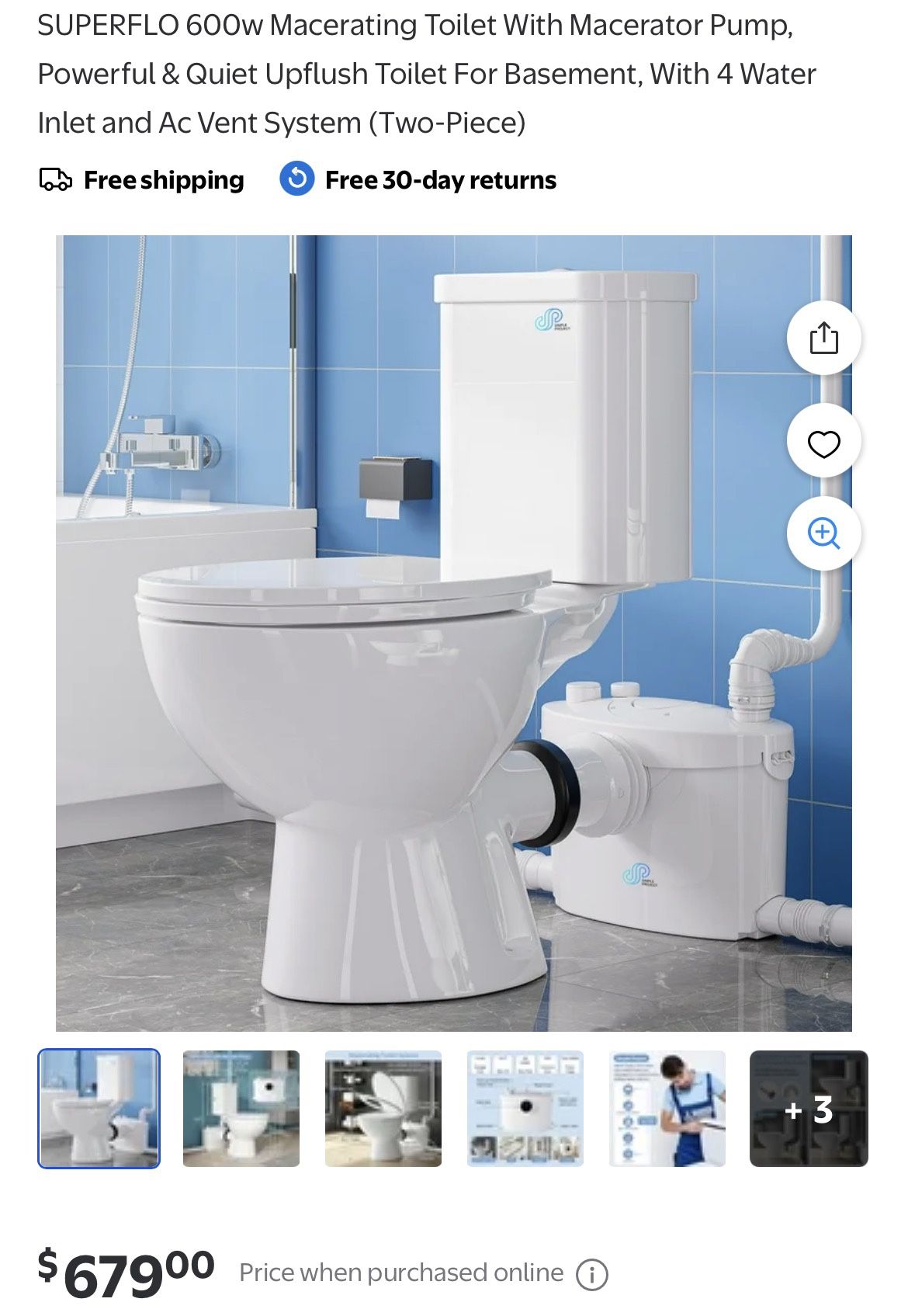 SUPERFLO 600w Macerating Toilet With Macerator Pump, Powerful & Quiet Upflush Toilet For Basement, With 4 Water Inlet and Ac Vent System (Two-Piece)