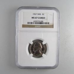 1967 SMS Jefferson Nickel, NGC MS-67 CAMEO -- RARE COIN IN THIS GRADE!