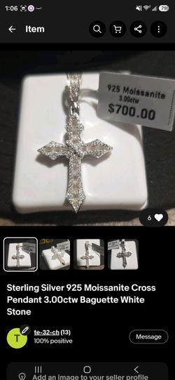 Sterling Silver 925 Moissanite Cross Pendant 3.00ctw Baguette White Stone