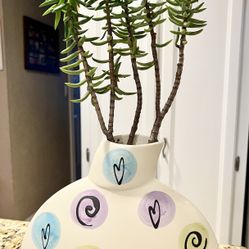 Unique Ceramic Pot Filled with Live Succulent Plants. Holes drilled in bottom for drainage.