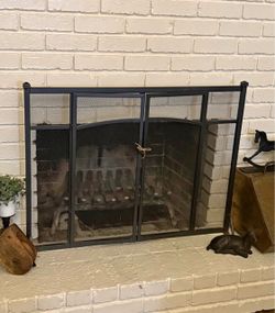 Black Metal Mesh Fireplace Screen with Doors