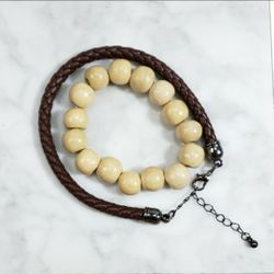Brown Leather Braided Cream Wooden Beads 