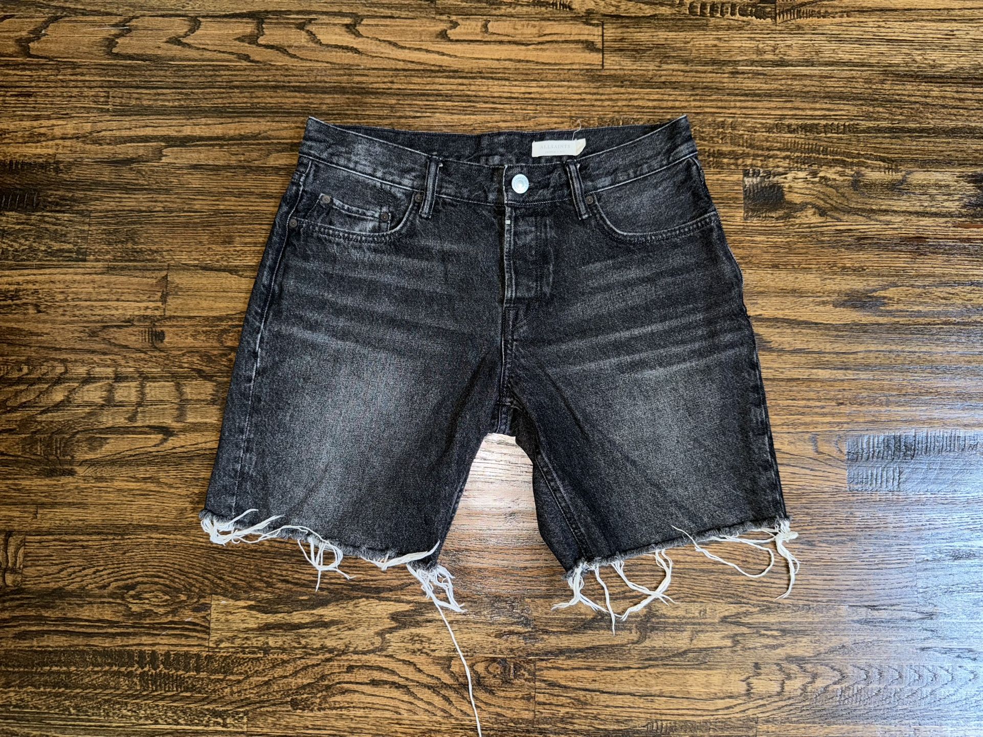 Allsaints London Switch Black Denim Shorts Frayed Hem Size 32