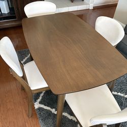 Mid-Century Modern Dining Table Set – Table + 4 Chairs (Walnut/Cream) – Excellent Condition