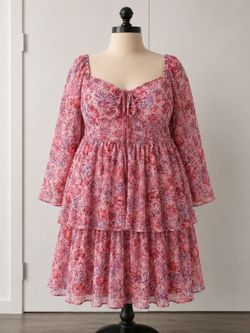 🎀 French Connection Plus Size 12 Tiered Pink Floral Long-Sleeve Mini Dress🎀