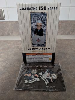 Chicago Cubs Harry Caray Bobblehead+ HOF Davis and Lester Pins