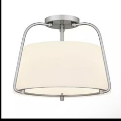 New 15 in. 2-Light Corbin Brushed Nickel Transitional Semi-Flush Mount with White Opal Glass Shade