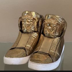 Versace Medusa Gold Metallic Leather Palazzo Mens High Top Sneakers 42 Shoes Size 8 To 9