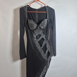 Black Rhinestone Cutout Bodycon Dress — Sz S