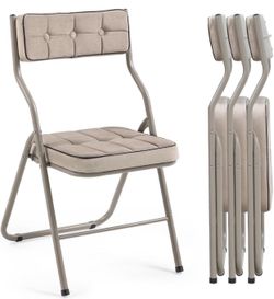 Q100-Padded Folding Chairs 4 Pack - Foldable Dining Chair with Cushion, Portable and Assembled Extra Seat for Guests Kitchen Office Wedding Party Khak