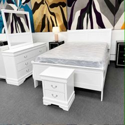 White 4 piece queen size bedroom set | included bed frame ,dresser ,mirror , nightstand