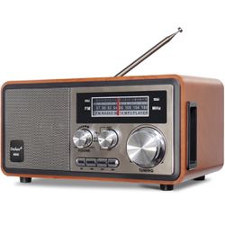 Oncheer Retro Vintage Wood Bluetooth FM Home Radio, 15W Subwoofer Stereo Speaker, Battery Powered Radios with Antenna Best Reception, Support TF Card/