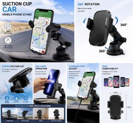 Car Phone Mount Holder, Suction Cup Dashboard & Windshield Mobile Phone Stand, 360° Adjustable Universal Smartphone Holder for iPhone & Android