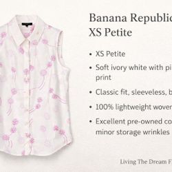 Banana Republic XS Petite White Pink Floral Sleeveless Blouse Classic Fit