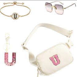 Personalized Initial Fanny Pack Belt Bag For Teen Girls - contains Bracelet, Keychain & Sunglasses
