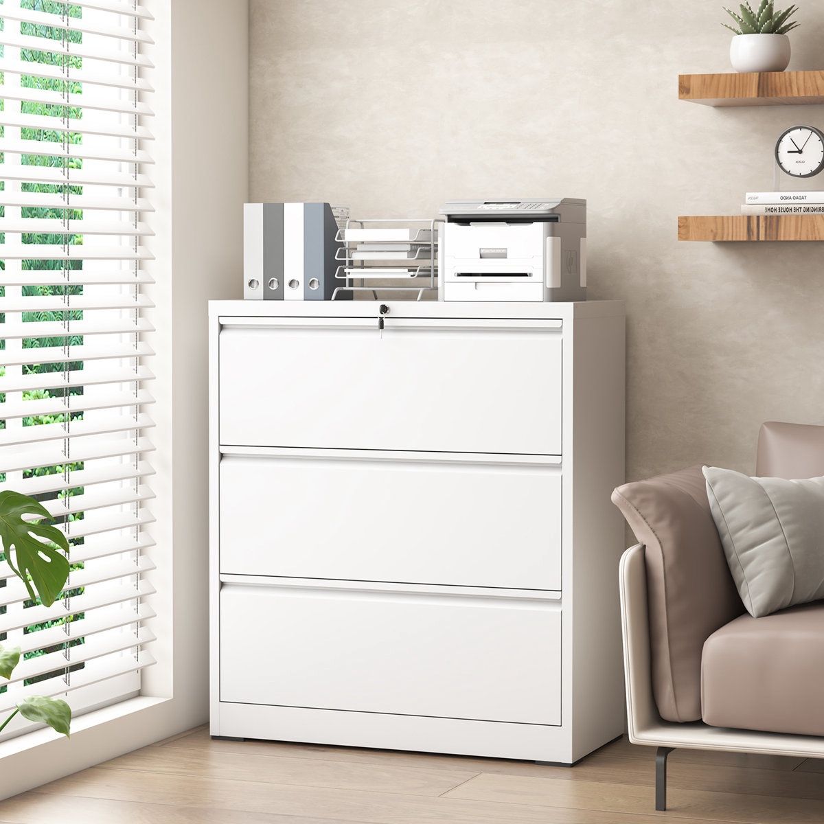 New Heavy Duty 35.43"W 3 Drawer Metal Lateral Filing Cabinet for Home Office - A4/Letter/Legal Size  New in box H08WN608 * Heavy-Duty Steel Constructi