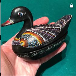 Vintage Trinket Dish Wooden intricately hand painted Duck Design