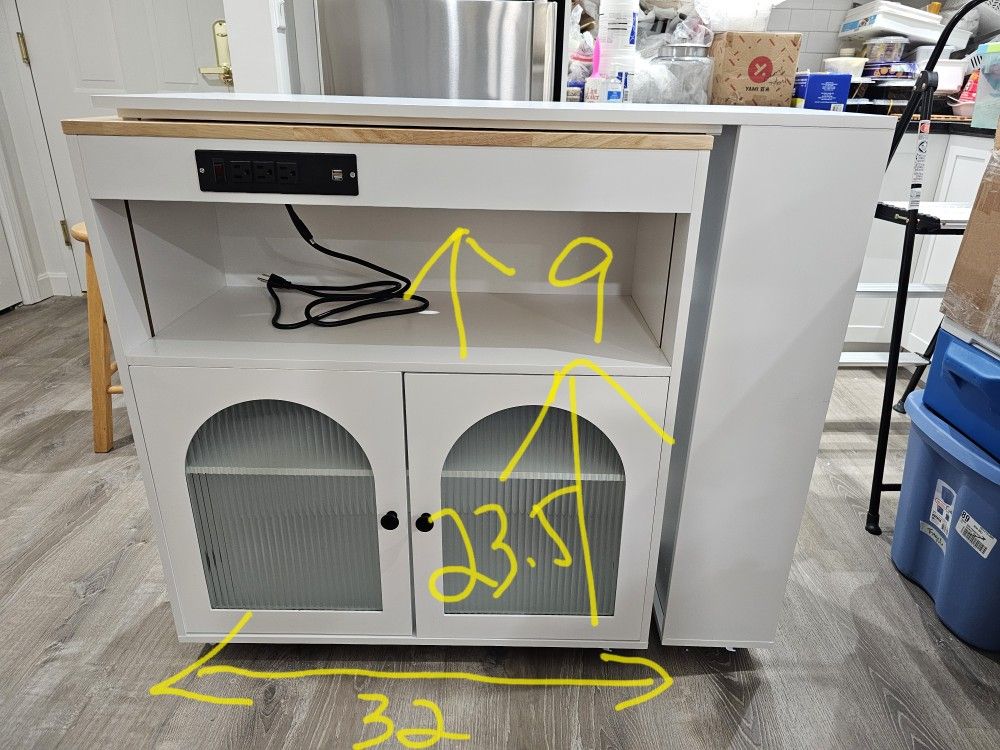 NEW rolling kitchen island, expandable table top/work station, side shelves, cabinet & power outlet.
