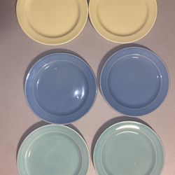 Vtg Lu-Ray Pastels Set Of 6, 6 1/2" Dessert Plates Pink, green & Yellow 1940s