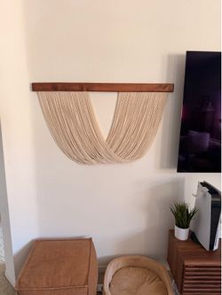 Large Modern Boho Macrame Wall Hanging – 40” x 24” – Beige Fiber Art on Dark Stained Wood