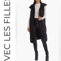 Avec Les Filles NWT black TRENDY Thermal-puff Longline Hooded Puffer Vest S