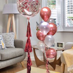 Set 24 Inch Jumbo Bubble Red Confetti Balloon Including  Red Confetti, Tassels And 10 Latex Balloons 