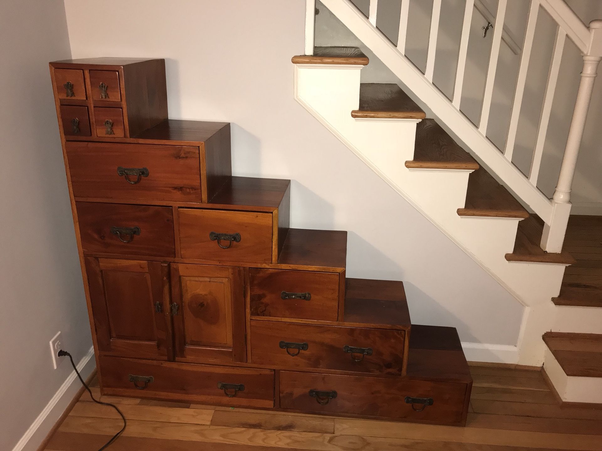 Tansu step chest storage shelves - solid wood