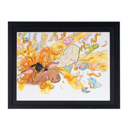 Original Signed Mixed-Media Illustration, Framed Camping Adventure Scene