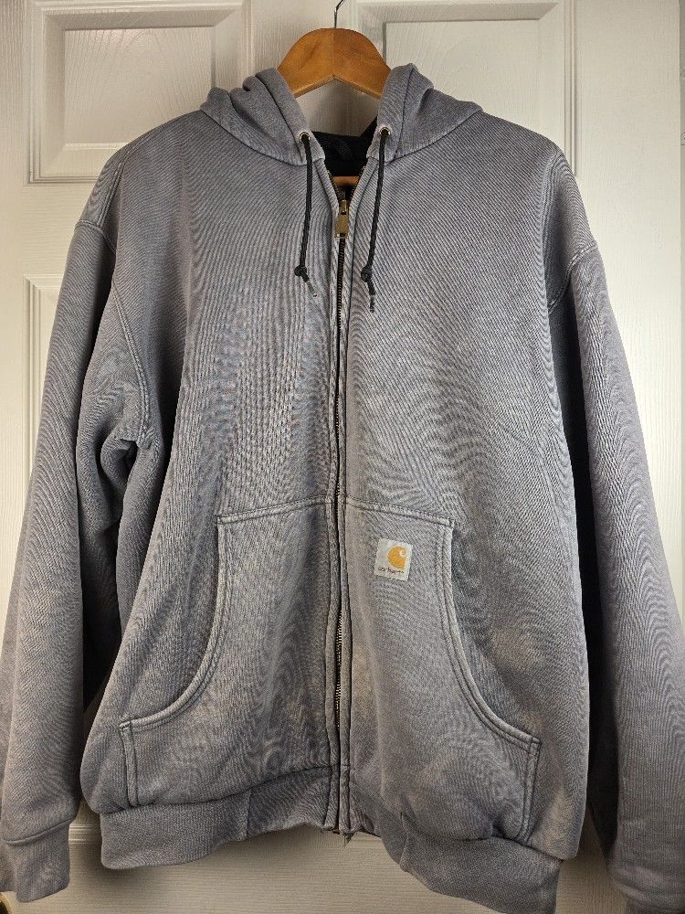 Carhartt Sweatshirt Hoodie Jacket Large Grey Faded Full Zip Work Wear Grunge